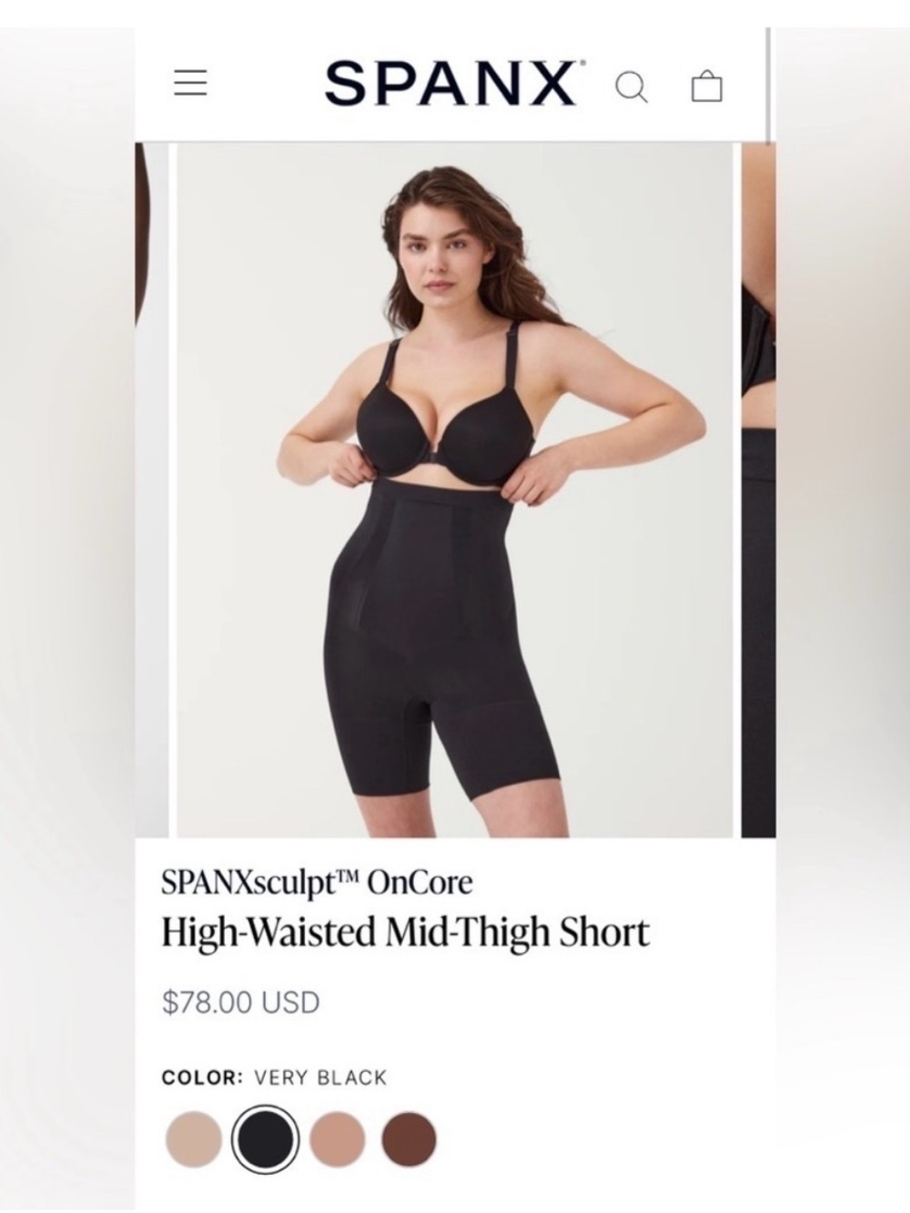 NWT SPANX ONCORE SCULPT High Waisted Mid Thigh Shorts Black Medium Shapewear